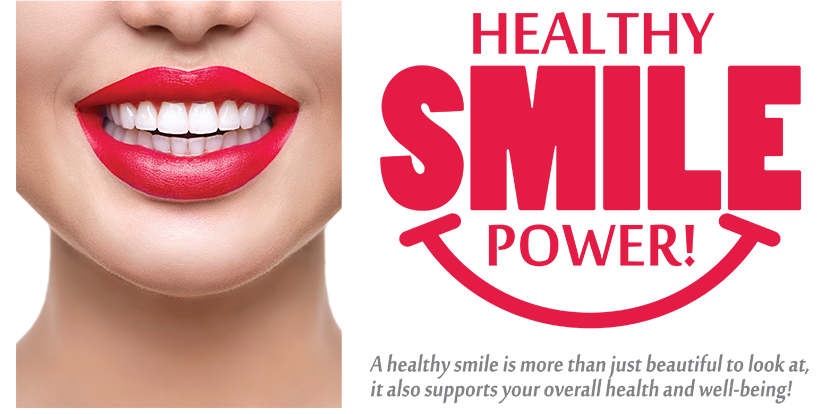 The image is a digital graphic featuring a close-up of a person s face with red lipstick and teeth, promoting  Smile Power  as part of a  Healthy Smile  campaign.